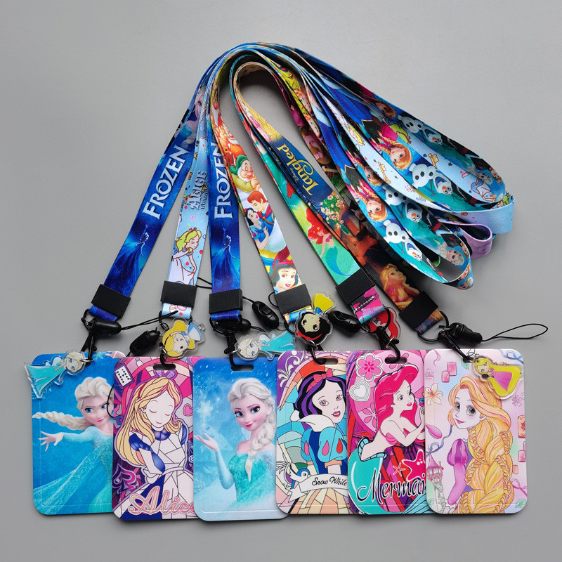 เชือกเส้นเล็กเจ้าหญิงดิสนีย์น่ารักพร้อมเคสการ์ด Elsa Anna สายคล้องคอ ID Holder สําหรับคนรักอนิเมะ
