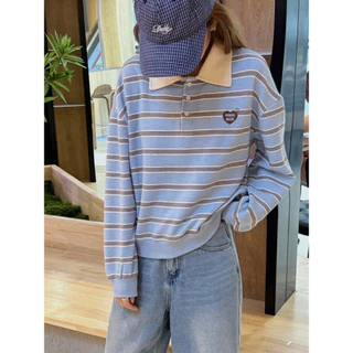 Solovely โอเวอร์ไซซ์ เสื้อสเวตเตอร์ ผู้หญิง สไตล์เกาหลี ปักลาย แขนยาว ลายทาง เสื้อ