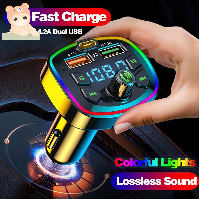 เครื่องส่ง FM บลูทูธ 5.0 ในรถยนต์ PD 18W Type-C USB คู่ 4.2A ไฟบรรยากาศ LED Backlit เครื่องเล่น MP3 เพลงเสียงดี