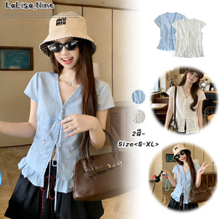 lalisa พร้อมส่ง🍑เสื้อเชิ้ตผู้หญิง🍑แขนสั้น สีพื้น เชือกผูกหน้…