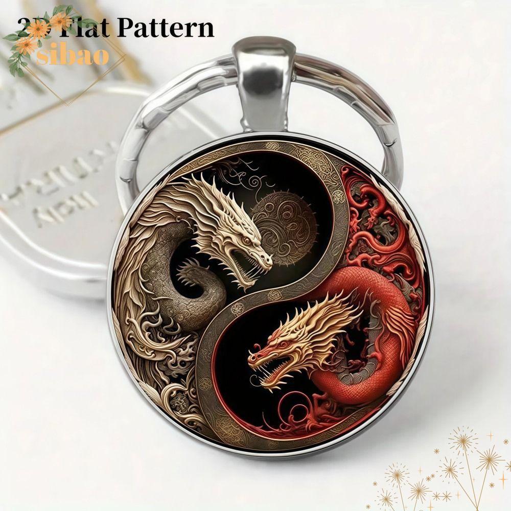 SIBAO Yin Yang Dragon พวงกุญแจ, จี้โลหะโลหะผสมที่ละเอียดอ่อน, การออกแบบมังกรสีแดงสีขาวมีสไตล์ Vintag