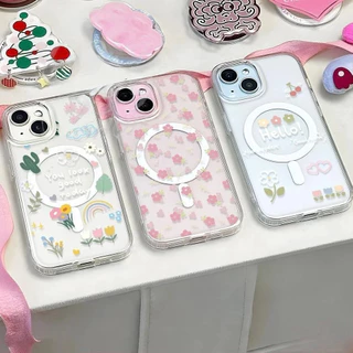 สำหรับ iPhone 17 PRO MAX เคส iPhone 11 เสริมสร้างแม่เหล็กอะคริลิคใสกระดานแข็ง TPU กรอบนุ่มกันกระแทก ดอกไม้ iP14 13 12 15