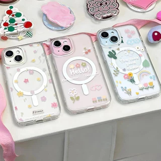 สำหรับ iPhone 17 PRO MAX เคส iPhone 11 เสริมสร้างแม่เหล็กอะคริลิคใสกระดานแข็ง TPU กรอบนุ่มกันกระแทก ดอกไม้ iP14 13 12 15