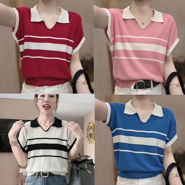 mimi&didi#เสื้อถักแขนสั้นคอปกโปโลไหมพรมสำหรับผู้หญิง ลายทางคลาสสิก สไตล์แฟชั่นทันสมัย เนื้อผ้านุ่มยืดหยุ่น#88058