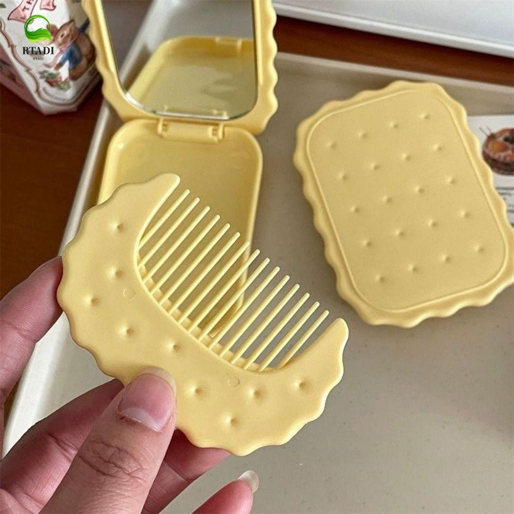 RTADI Biscuit Hand-Held Mirror, Mini Cheese Biscuit Design Biscuit Make-Up Mirror, Cartoon Plastic F