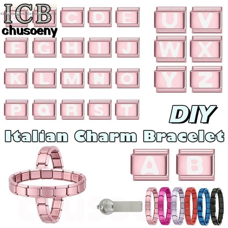 ตัวอักษร Rose สีชมพู AZ ตัวอักษรอิตาเลี่ยน Charm สร้อยข้อมือ Fit 9 มม. สร้อยข้อมือสแตนเลส DIY เครื่องประดับทำอุปกรณ์เสริม Retro บุคลิกภาพโมดูล
