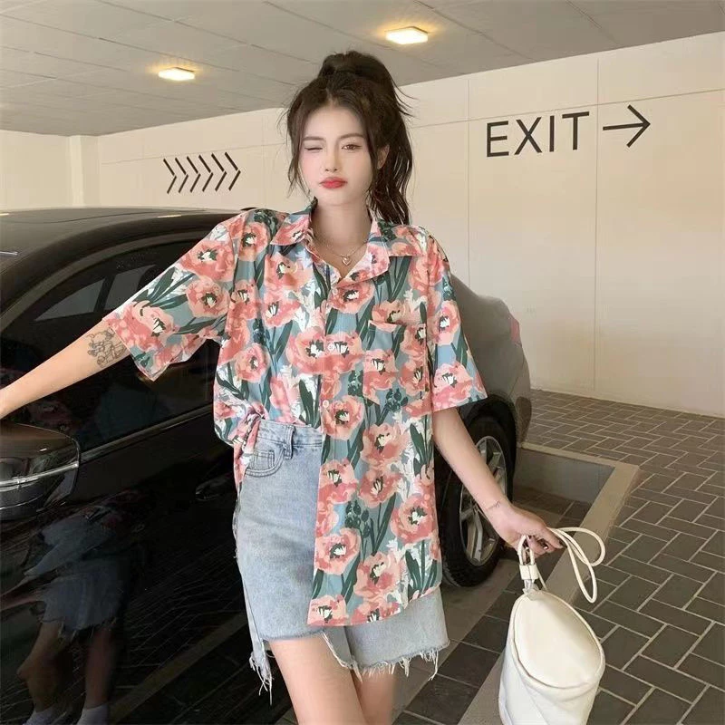 เสื้อสงกรานต์ผู้หญิง ลายดอกไม้ แขนสั้น ลายดอกไม้สีฟ้าชมพู เสื้อฮาวาย thumbnail 4