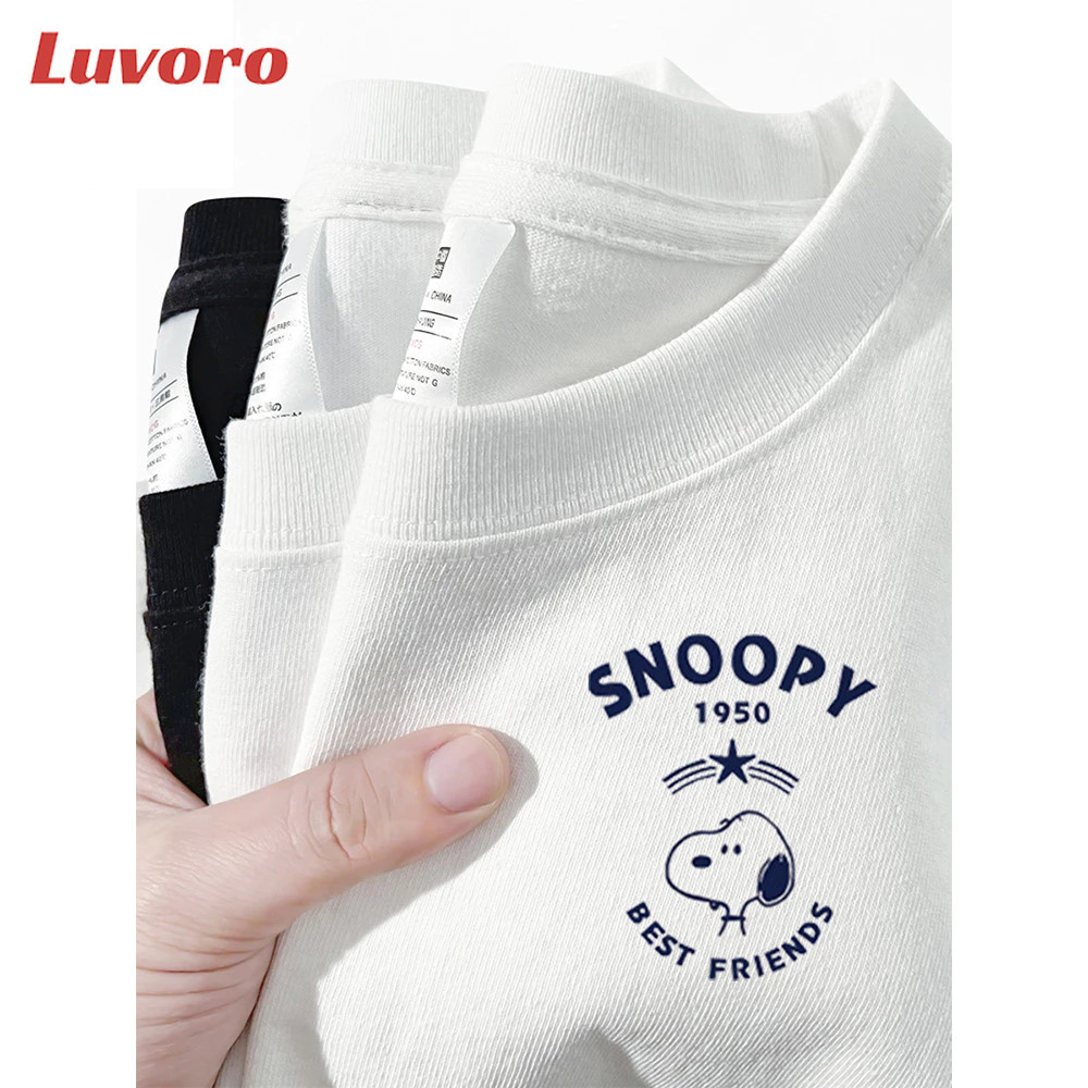(ผ้าฝ้าย100%) Luvoro 2026 Cotton ย้อนยุค oversize T-shirt เนื้อผ้านุ่มระบายอากาศดี สีดำและสีขาว เสื้อยืดแขนสั้น C2535