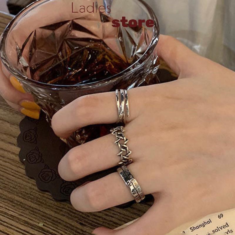 KTH 3PCS แหวนนิ้วมือ Punk และ Hip-hop สไตล์สำหรับชายและหญิง ออกแบบวินเทจโรมันตัวเลข ปรับได้ เป็นเครื