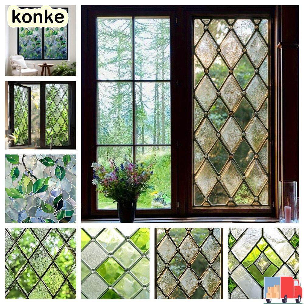 ฟิล์มหน้าต่าง KONKE, ฟิล์มยึดคงที่ใบไม้สีเขียว PVC, เครื่องประดับสติกเกอร์กระจกไฟฟ้าสถิตสีสันสดใส DIY แบบถอดได้