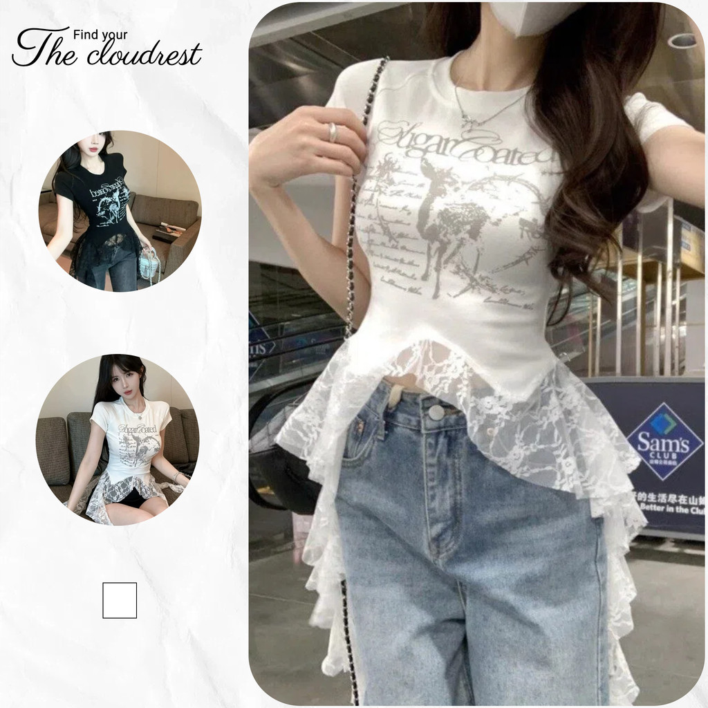เสื้อยืดสตรี คอกลม การพิมพ์ ตัวอักษร ขอบลูกไม้ ประกบ ประเภทรุ่น ความเรียบง่าย สาวฮอต แฟชั่นฤดูร้อน