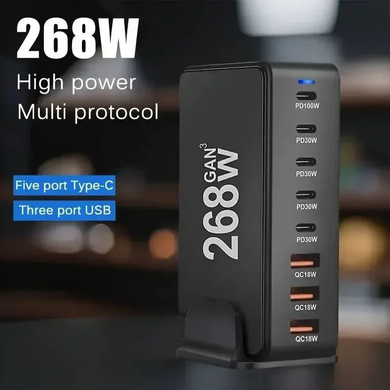 268W สถานีชาร์จ USB 8 พอร์ต 100W PD QC3.0 ประเภท C Fast CHARGING Wall Charger สําหรับโทรศัพท์แท็บเล็
