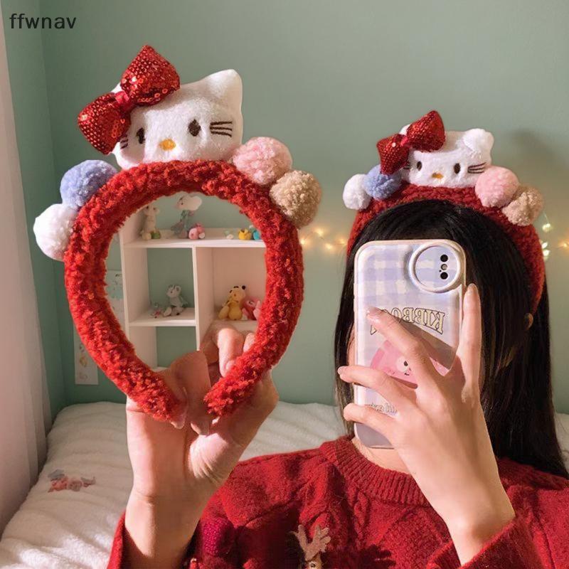 Ffwnav ที่คาดผมล้างหน้าลาย Hello Kitty สีแดงปิ่นปักผมอะนิเมะ Sanrio ผ้ากำมะหยี่ที่คาดผมเครื่องประดับผมของขวัญวันหยุด