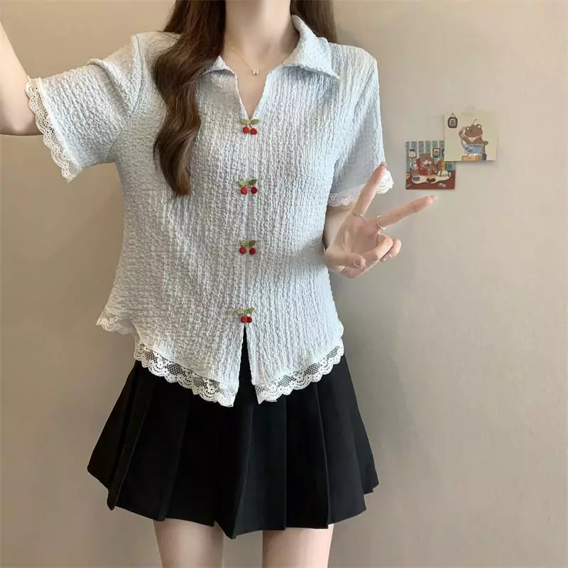 Red Berry เสื้อแขนสั้นคอวีเปิดไหล่ลายซากุระ ชายลูกไม้ W708 thumbnail 4