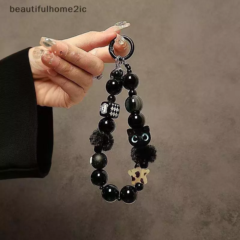 [ใหม่] Luxury Bla Fluffy Cat สายคล้องโทรศัพท์มือถือพร้อมลูกปัด Handle Chain ข้อมือ Anti-Theft Clip Bag Accessory [TH]