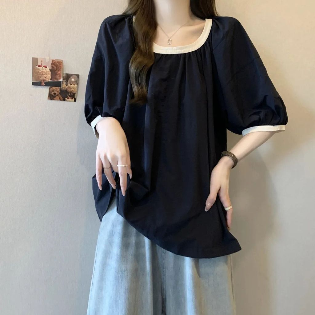 S-5XL Plus ขนาดผู้หญิงแขนสั้น TOP Contrast สีพัฟแขนแขนสั้นเสื้อยืดผู้หญิงฤดูร้อนแฟชั่นหลวม Belly TOP