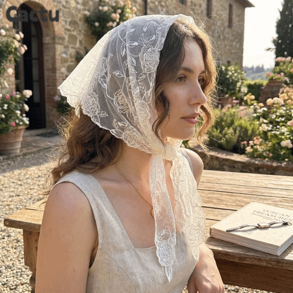 CACTU Rose Scarf, Breathable Mesh Lace Design Triangle Scarf, French Style Three-Dimensional Rose Tr