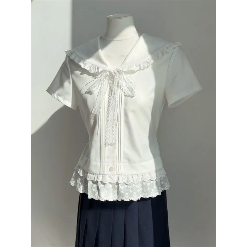 FY-เสื้อผู้หญิง สีทึบ เสื้อแขนสั้น ปกเสื้อ ขอบลูกไม้ ผูกขึ้น ประเภทรุ่น Slim Fit หวาน น่ารัก แฟชั่นสบาย ๆ วิทยาลัย