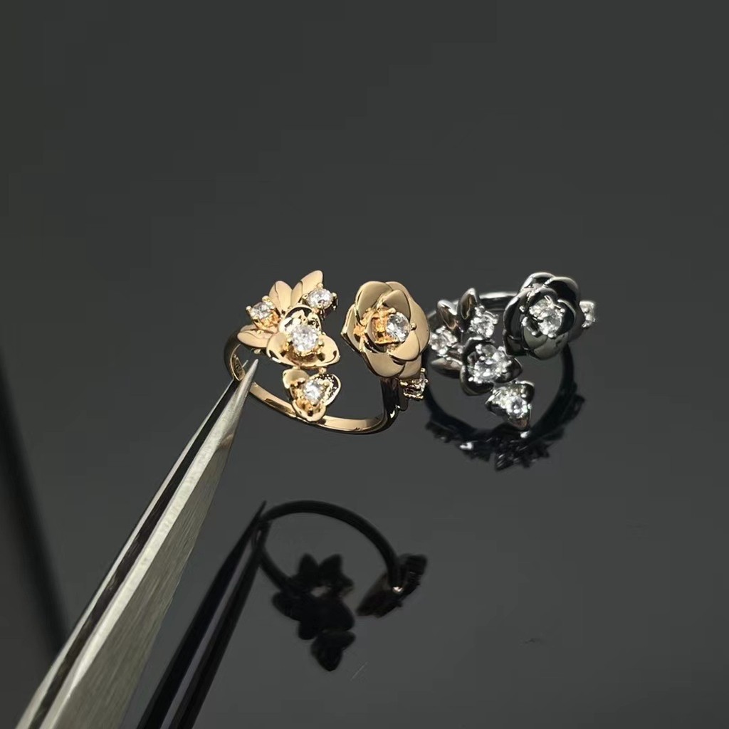 Bojia V Gold Rose กลีบแหวนดอกไม้ชุบ 18K ทองแท้ Rose Gold ฝังกระพริบเพชรเปิดแหวนปรับได้ 3H4X