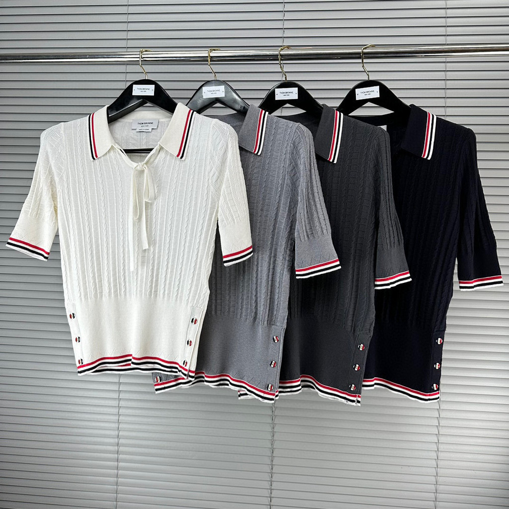 Tom Browne Street Wear Ladies Color Edge Lace-Up POLO Lapel Sweater Short-Sleeved Temperament Age-Re