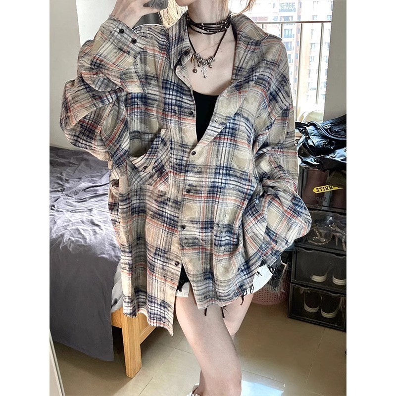 Medium Compound Checked Sleeve Shirt Lazy Wide Casual Clothes Selection Skin-Friendly Breathable Fab