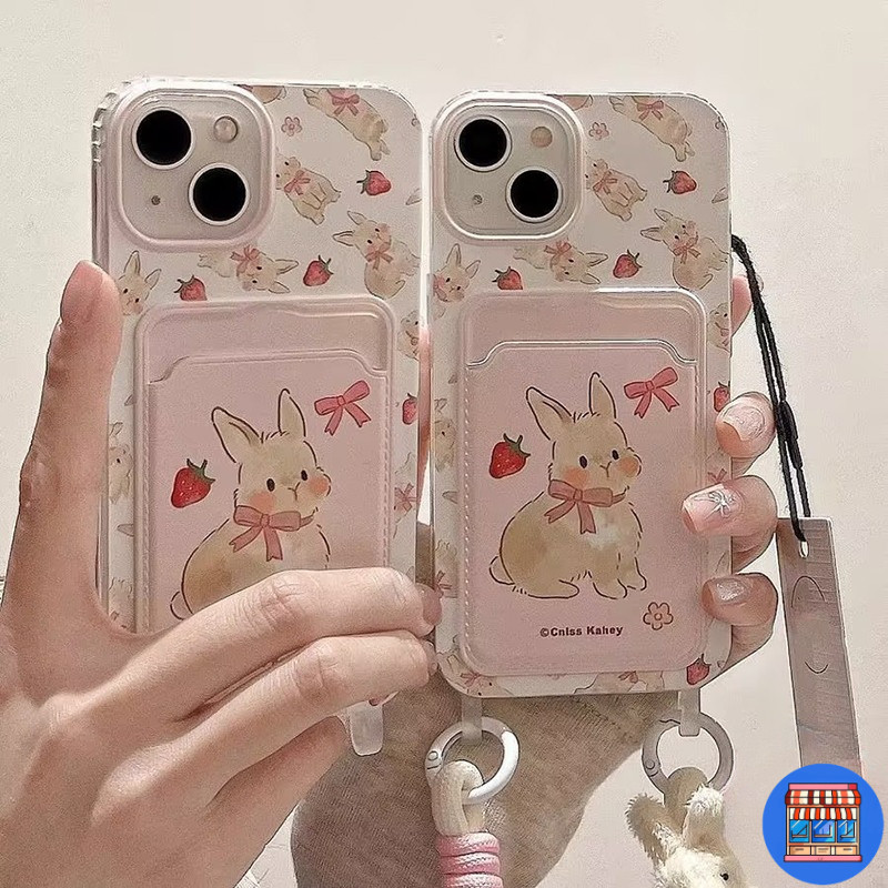 สต๊อกไทย เคสสำหรับไอโฟน13 กระต่ายหวานๆ เคสช่องใส่การ์ด สายข้อมือ For iPhone17 16 11 12 13PRO MAX 14 15PLUS 7/8 SE2 XS XR