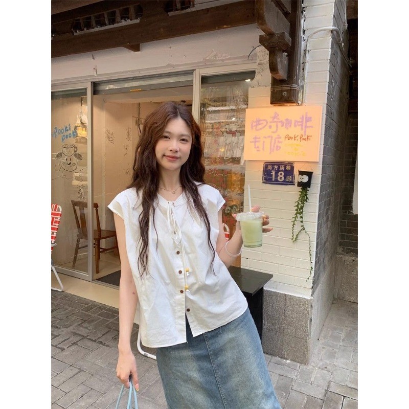 COCO-เสื้อผู้หญิง สีทึบ ผูกขึ้น เสื้อแขนสั้น ปุ่มกด เรียบง่าย วรรณกรรมและศิลปะ แฟชั่นสบาย ๆ คณะ
