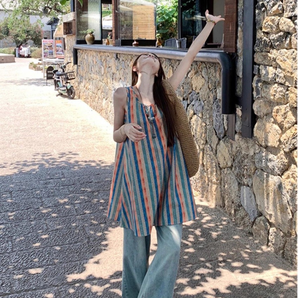 Dress Women Design Sense Print Slimmer Look Chic Vest Dress Retro Stripes miu Series Sweet Dopamine 