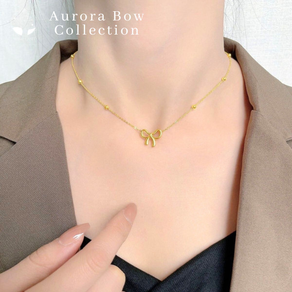 MNL💗Aurora Bow สร้อยคอรูปโบว์ สเตนเลสชุบทอง น่ารัก สายฝอ เครื่องประดับแฟชั่น ไม่ลอกดำ ผู้หญิง ใส่ออกงาน X049