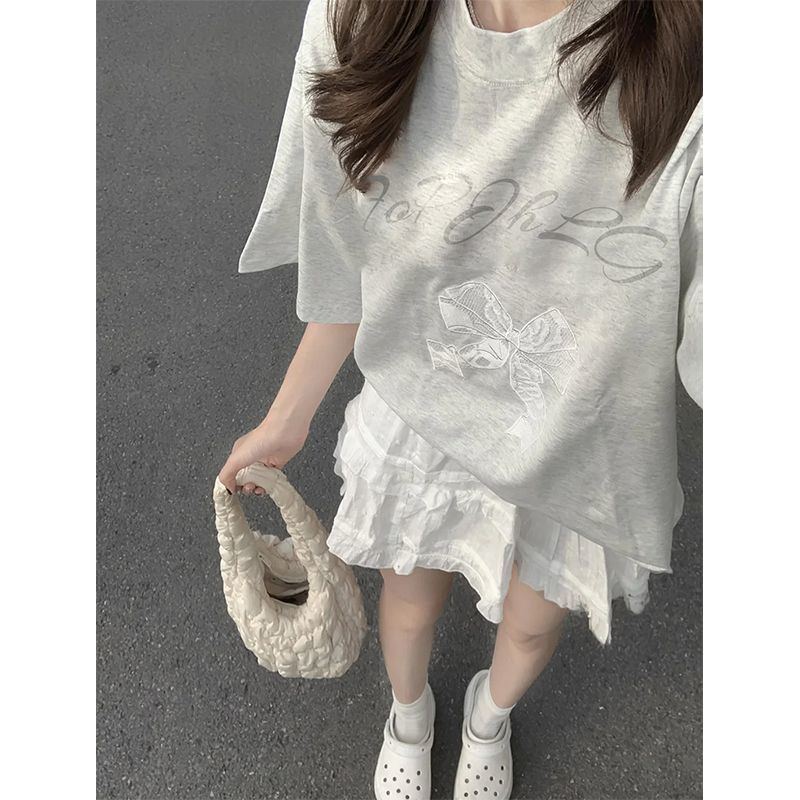 XUHENJIAN Seckill Street Wear Bow พิมพ์ลําลองแขนสั้นเสื้อยืดผู้ชายผ้าฝ้ายแท้ All-Match หลวม Slimmer 