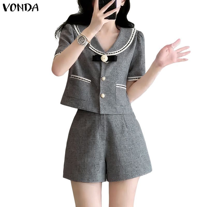 VONDA ชุดสองชิ้นสำหรับผู้หญิง สไตล์เกาหลี เสื้อเชิ๊ตแขนสั้นและกางเกงขาสั้น