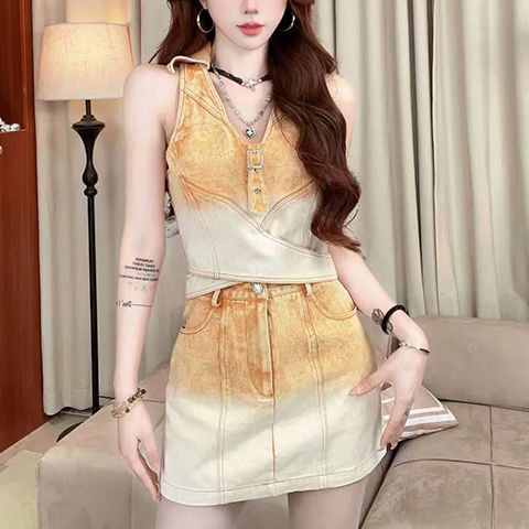 Summer Cowboy Spice Girl Gradient Polo Collar Top Set Women's Fashionable Slimming Retro High Waist 