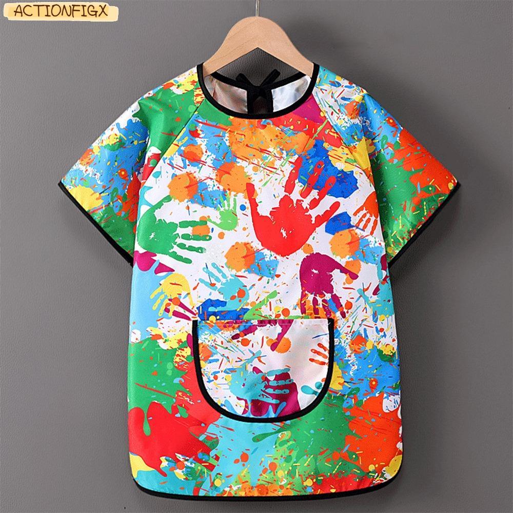 ACTIONFIGX Art Bibs, Random pattern Drawing Dressing ผ้ากันเปื้อนแขนสั้น, ผ้ากันเปื้อนกันน้ําทําความ