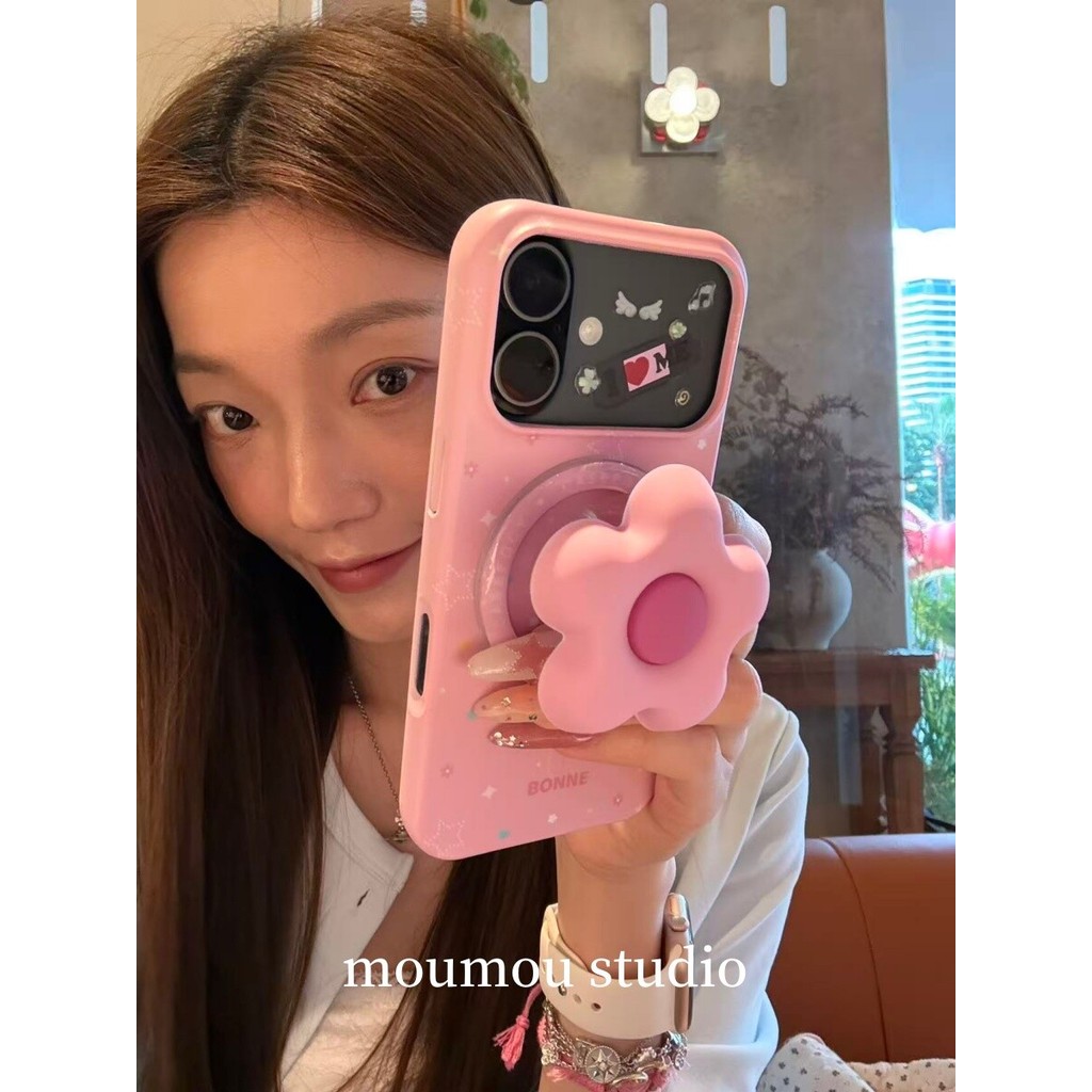 น่ารักแม่เหล็กกรณีครึ่งครอบคลุม Hard Case Girly ดอกไม้สีชมพูกรณีเท่านั้นฟิล์มที่ถอดออกได้แม่เหล็กสําหรับ IPhone 17 Pro Max 16 Pro 15 14 Pro