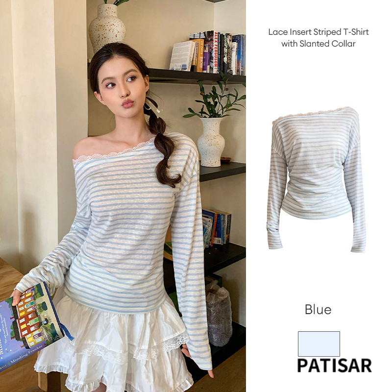 เสื้อยืดผู้หญิงทรงเข้ารูป คอปกเฉียง ประดับลูกไม้ PR