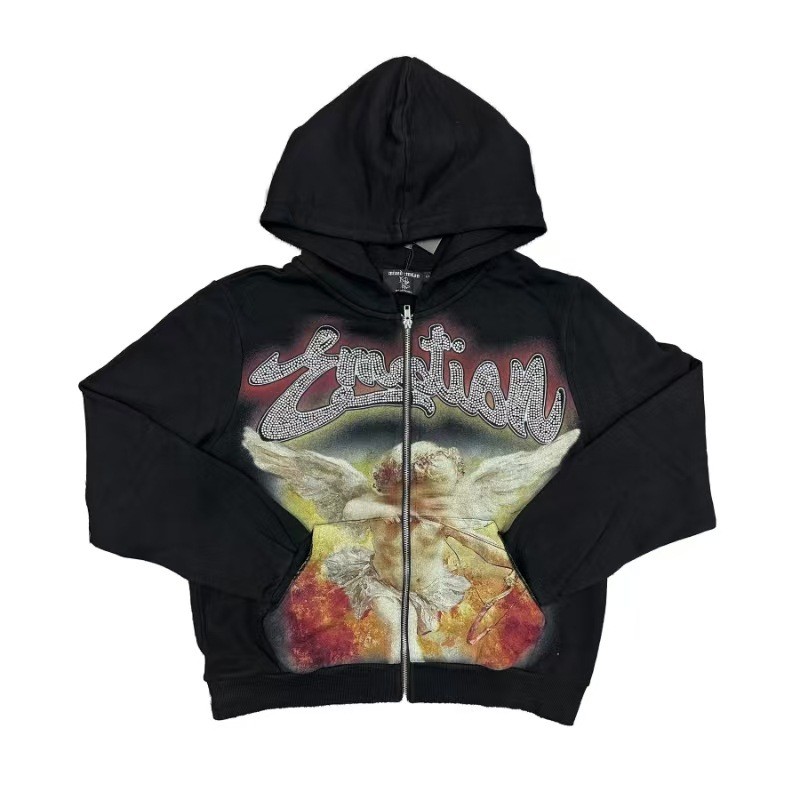 GJO9 American Style MIXED EMOTION Rhinestone Cardigan Sweatshirt HOODIE Men's high street zip-up jac