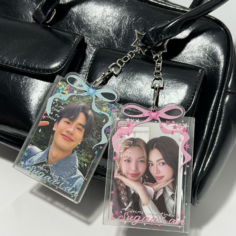 K-Pop Idol Goo Card Case เกาหลีสีสัน Star Bow Card holder โปร่งใส Glitter Card ฝาครอบป้องกันพร้อมพวงกุญแจใหม่