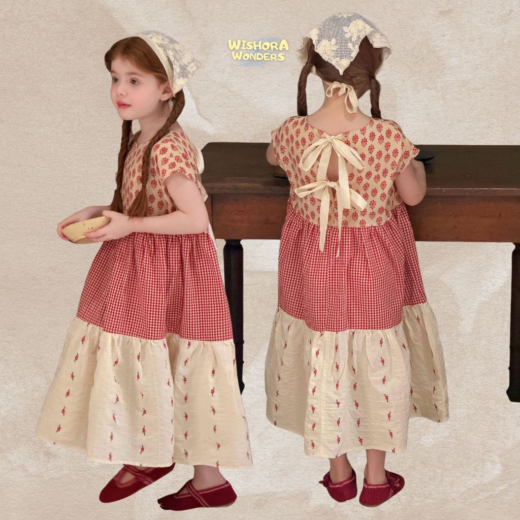 WISHORA WONDERS 26ss DLD260177 Scarlet Garden Dress เสื้อผ้าเด็ก ชุดเดรสเด็กผู้หญิง ลายตารางดอกไม้ สไตล์วินเทจ ใส่เที่ยว