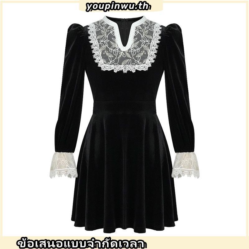 จ่า หลีกเลี่ยง เดรสผู้หญิง เดรสคอวี เดรสทรงเอ เดรสกํามะหยี่ เดรสทํางาน ชุดเดรสรู้สึก ชุดเดรสวินเทจ ช