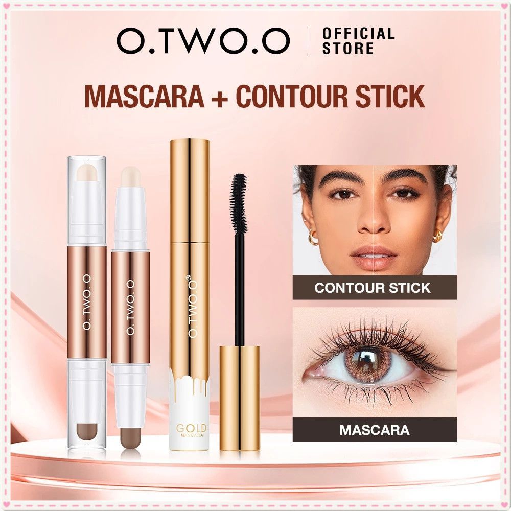 ชุด 2 ชิ้น O.two.o 2 in 1 ไฮไลเตอร์และคอนทัวร์ สีดำ มาสคาร่าเพิ่มวอลลุ่มและดัดขนตา ติดทนนาน แต่งหน้า