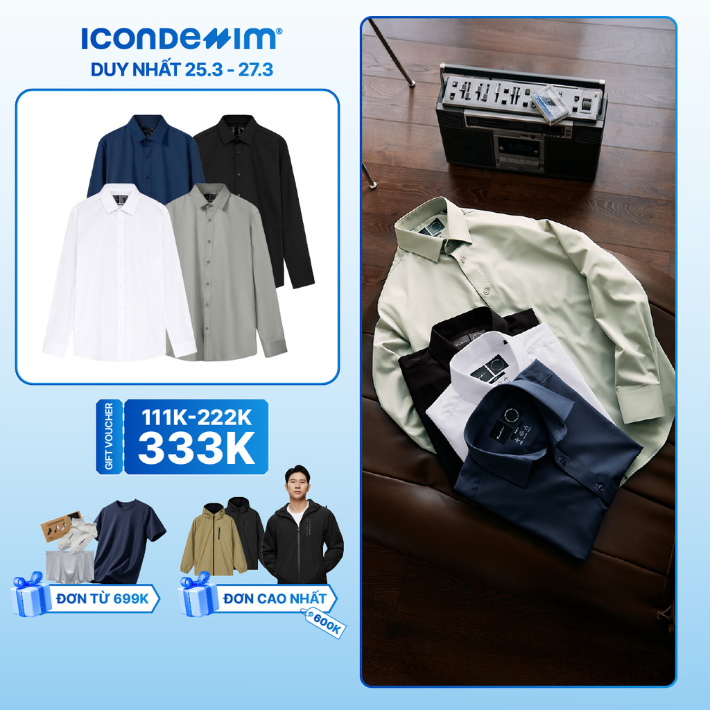 ICONDENIM เสื้อเชิ้ตแขนยาวผู้ชายคอปกเยอรมันน้ําหนักเบายืด Slim Form SPD0255