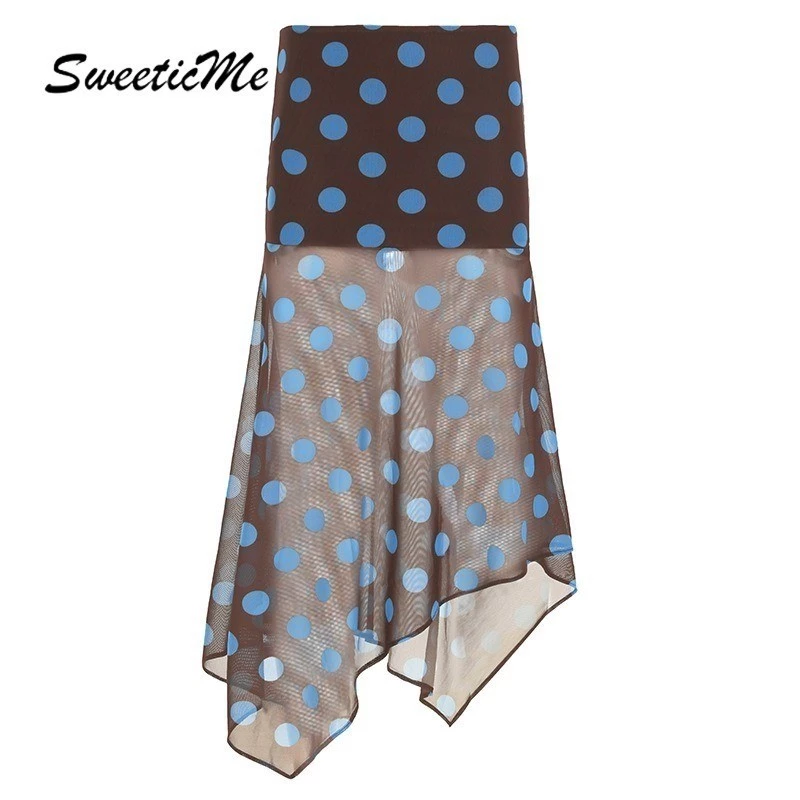 SweeticMe แฟชั่นผู้หญิงใหม่ Contrast สี Polka Dots ไม่สม่ําเสมอตาข่ายดูผ่านกระโปรงยาว