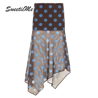 SweeticMe แฟชั่นผู้หญิงใหม่ Contrast สี Polka Dots ไม่สม่ําเสมอตาข่ายดูผ่านกระโปรงยาว