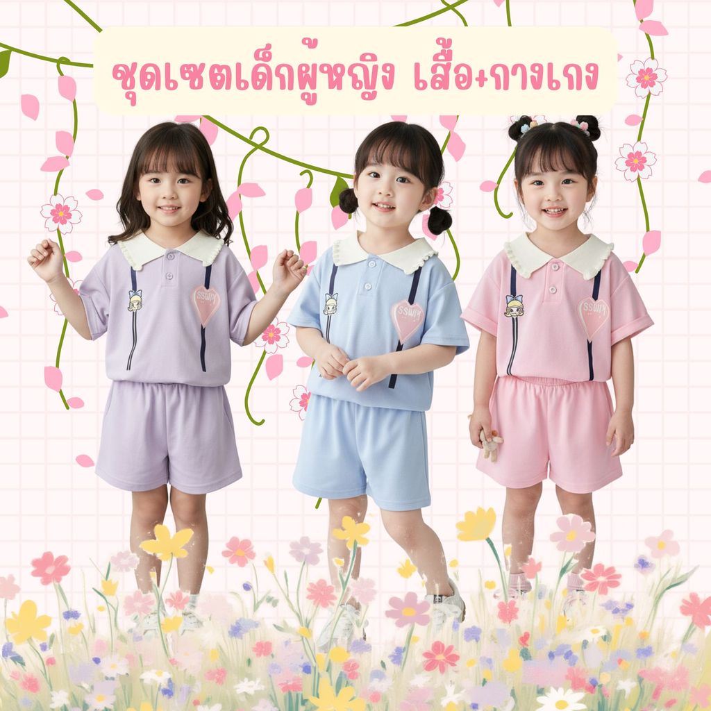 Dolemi Baby ชุดเซตเด็กหญิง เสื้อ+กางเกง ผ้าฝ้ายผสม SIZE 90-120CM สกรียลาย การ์ตูน 3สี ชมพู ม่วง ฟ้า