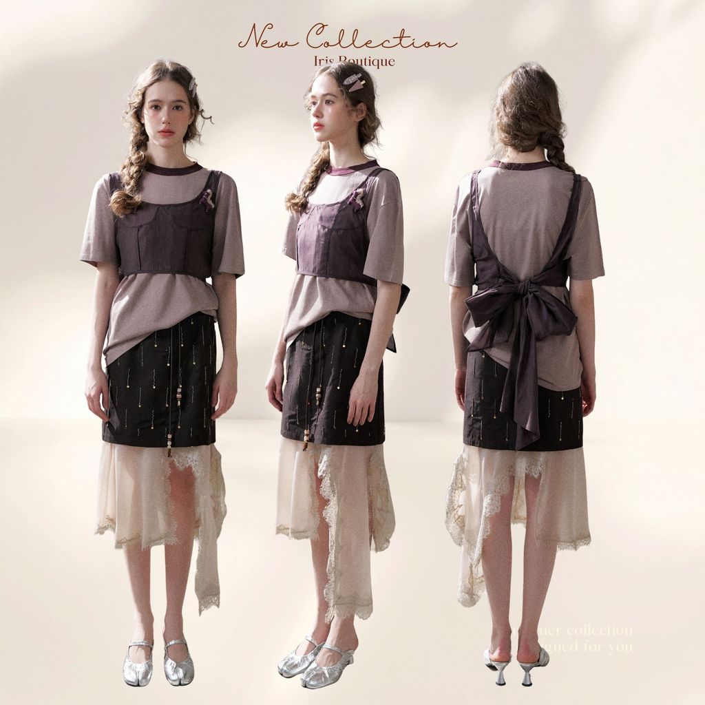 Original Design IRIS BOUTIQUE IS19162-IK73833 Misty Plum Layered Knit Tee & Moonshadow Lace Layer Skirt