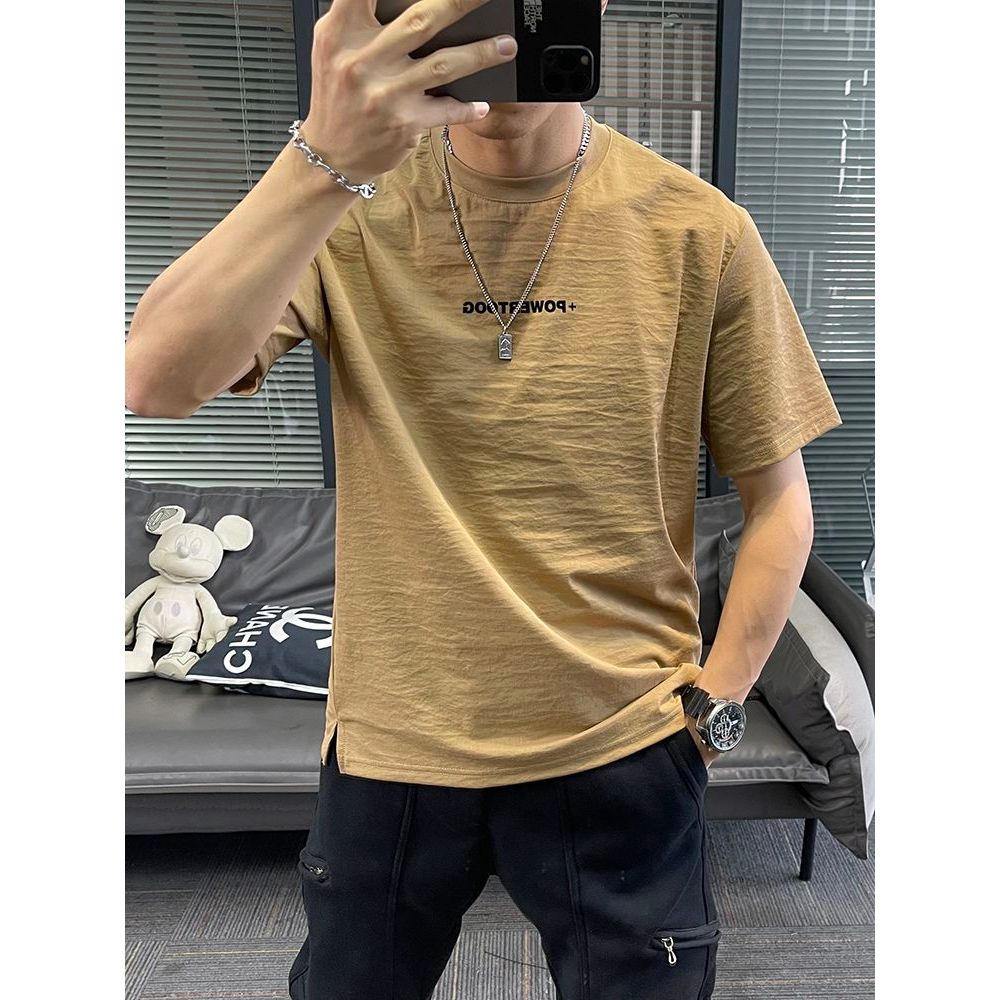 Tencel ผ้าฝ้ายผ้าลินินฤดูร้อนแขนสั้นเสื้อยืดผู้ชายรอบคอผ้าลินินผ้าไหมน้ําแข็ง Quick-Drying บางสไตล์ผ