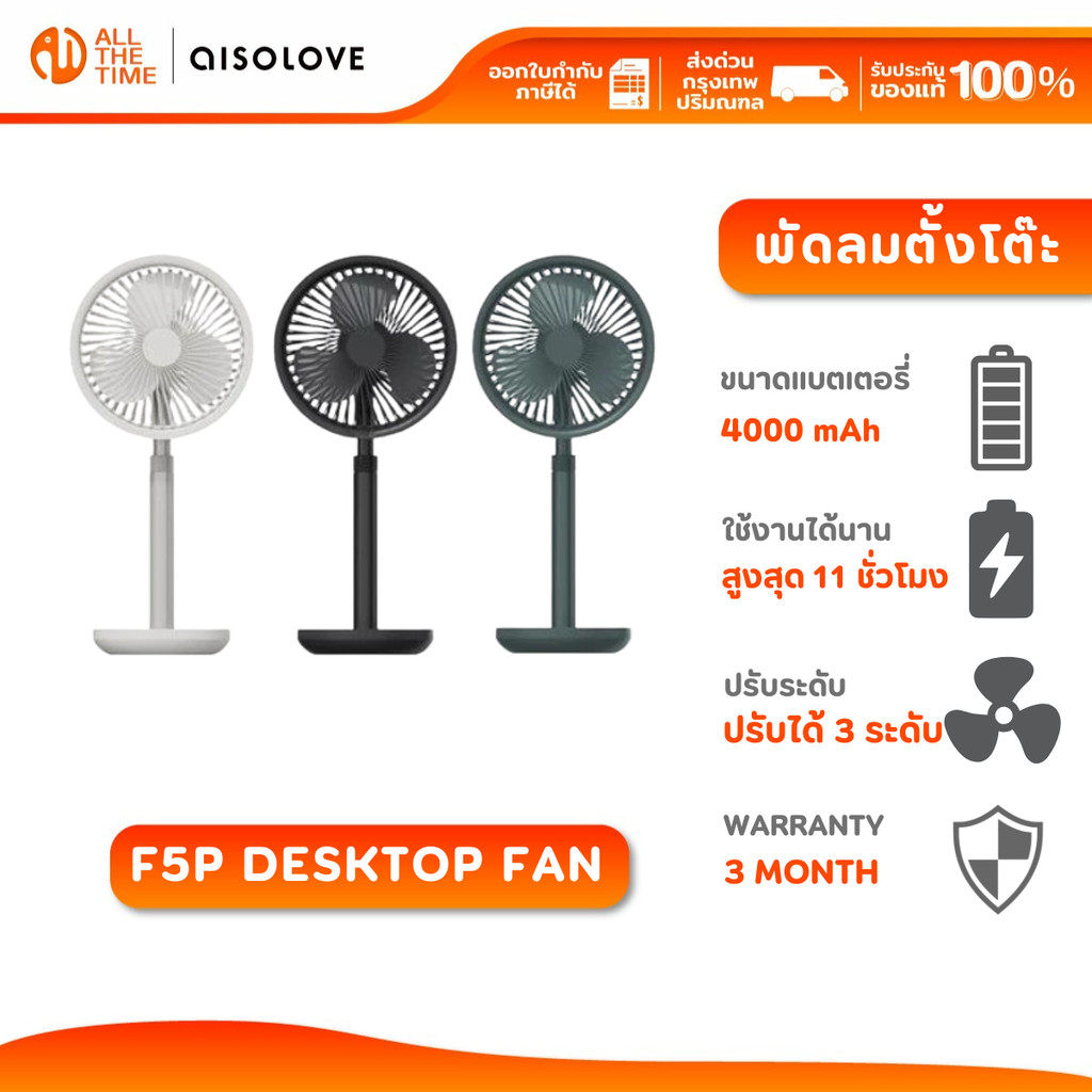 AISOLOVE F5P Desktop Fan พัดลมตั้งโต๊ะ ปรับได้ 3 ระดับ ใช้งานได้ 11 ชั่วโมง แบตเตอรี่ 4000mAh