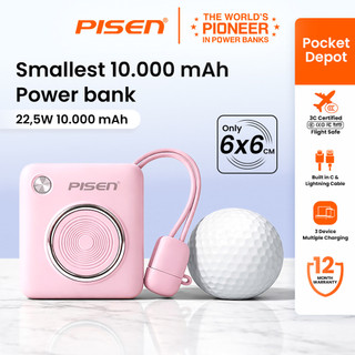 PISEN Pocket Depot Mini Size Power Bank 22.5W 10000 mAh Fast Charging with Built in Type C & Lightning Cable for Multiple Device Charging Apple/Android - TP-D105