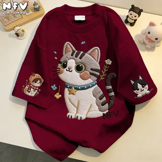 【จัดส่งตลอด 24 ชั่วโมง】NFV แฟชั่นเกาหลี💕เสื้อยืดแขนสั้นคอกลม ลายพิมพ์แมวน่ารัก Oversized ทรงหลวม ผ้าฝ้าย YG4721