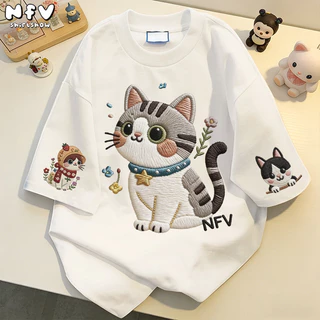 【จัดส่งตลอด 24 ชั่วโมง】NFV แฟชั่นเกาหลี💕เสื้อยืดแขนสั้นคอกลม ลายพิมพ์แมวน่ารัก Oversized ทรงหลวม ผ้าฝ้าย YG4721
